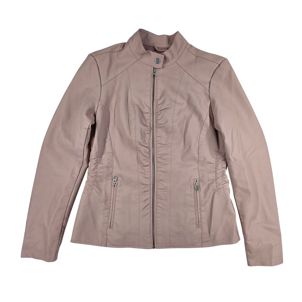 Baccini Womens Pink Faux Leather Moto Jacket Ruched Zip Up Size S